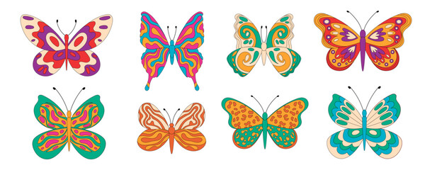 Wall Mural - Groovy retro butterfly set in psychedelic abstract doodle style. Funky and colorful groovy element collection with floral and y2k vibe. Modern pattern adds playful vintage charm, ideal for trendy