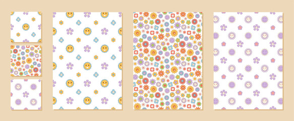 Wall Mural - Groovy retro seamless floral pattern set in colorful style. Background with happy daisy, flower and smiley detail for y2k theme. Perfect for vintage wallpaper, cheerful print or creative summer