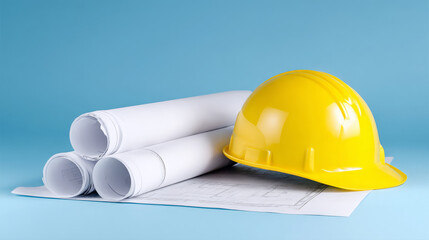 Yellow hard hat rests on blue background beside rolled architectural blueprints, symbolizing construction planning and safety in the building industry, showcasing essential tools for professionals