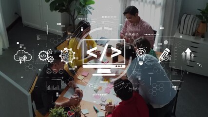 A diverse team engages in a collaborative meeting, surrounded by digital technology symbols, showcasing innovation and creativity in a modern workspace. Raster