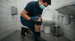 © Firyal Affina - Man in face mask and gloves with knee pain, kneeling in public restroom due to discomfort