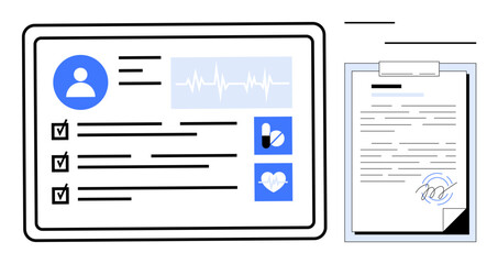 Wall Mural - Digital profile with health data, checklist, vitals chart, plus clipboard showing signed document. Ideal for healthcare, telemedicine, data management, medical analysis, workflow compliance simple