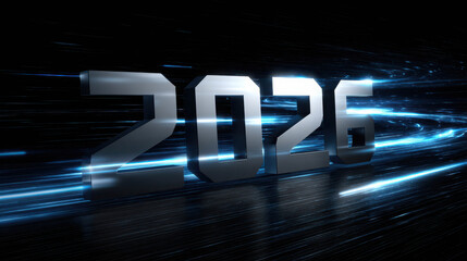 Wall Mural - Illuminated 3D Numbers Surrounded by Neon Edges with Dynamic Light Effects Displaying 2026 in a Futuristic Style