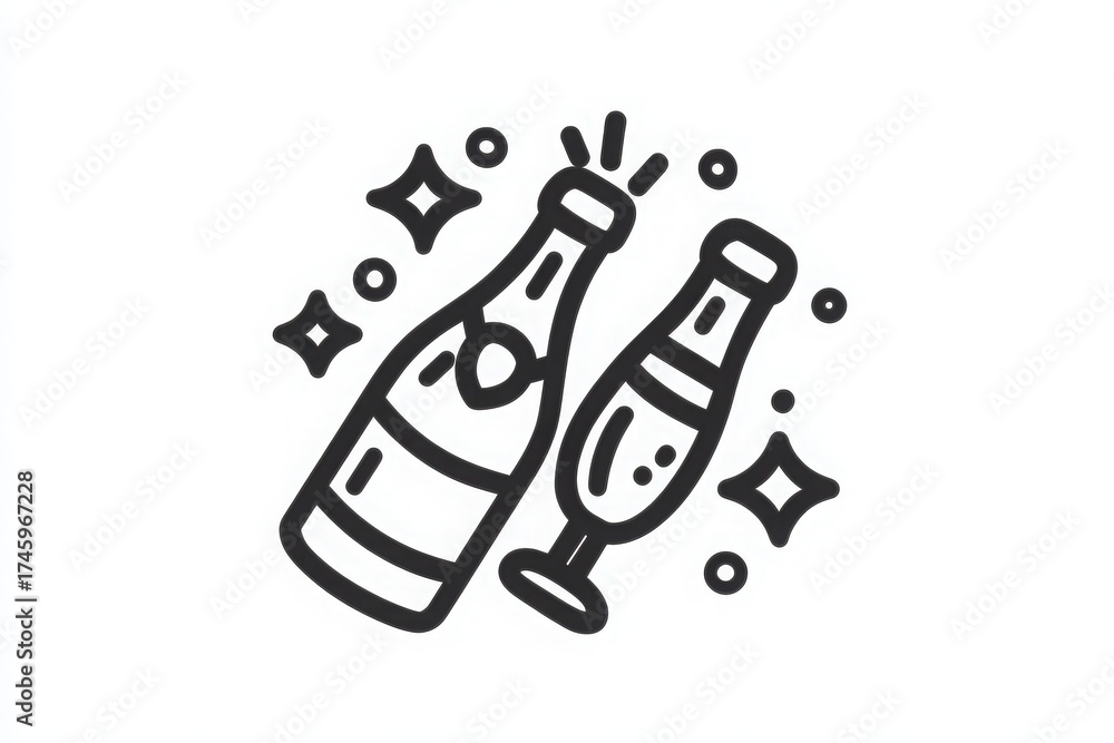 Two champagne bottles and glasses are featured, surrounded by sparkling stars, symbolizing a festive celebration. This scene captures the essence of joyful moments often shared during events.