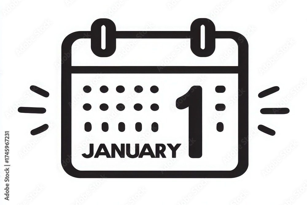 A simple calendar design displays January 1st prominently, signaling the beginning of a new year. The date is framed by clear lines and graphic elements that add emphasis.