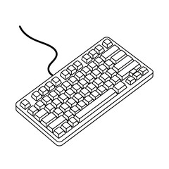 A black and white line drawing of a computer keyboard with a cord