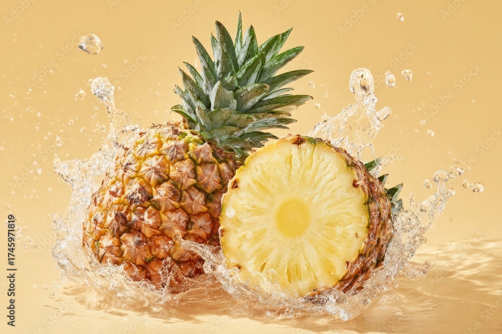 Juicy pineapple sits partially submerged in water, with splashes creating dynamic movement. The soft yellow background highlights the tropical fruits sweetness and freshness.