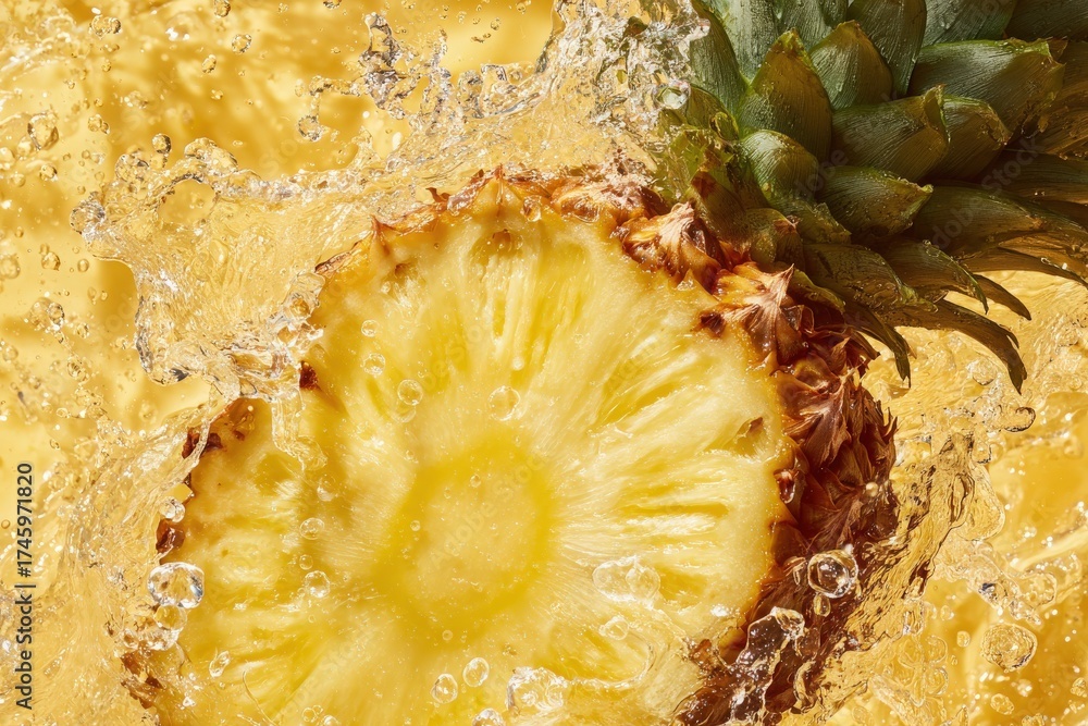 A vibrant pineapple slice is captured as it splashes into clear water, creating dynamic movement against a bright yellow background. The fresh fruit appears juicy and inviting.