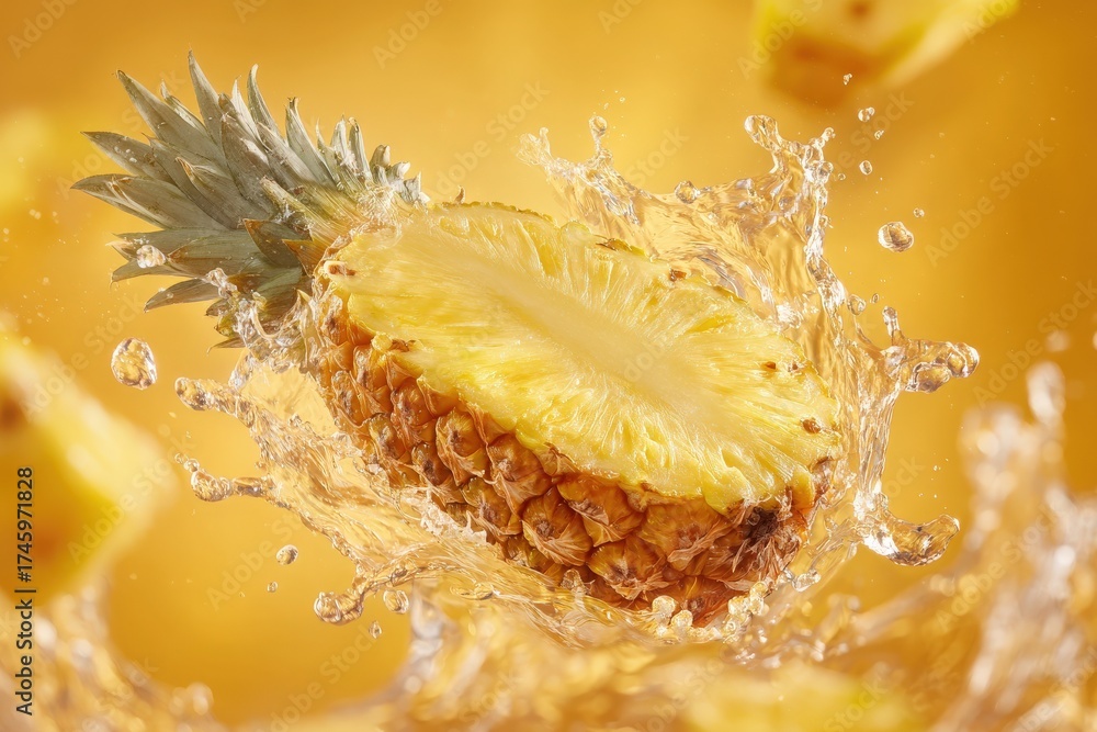 A fresh pineapple is shown being splashed into water, creating a dynamic and energetic scene. The bright background enhances the juiciness of the fruit, showcasing its texture and flavor.