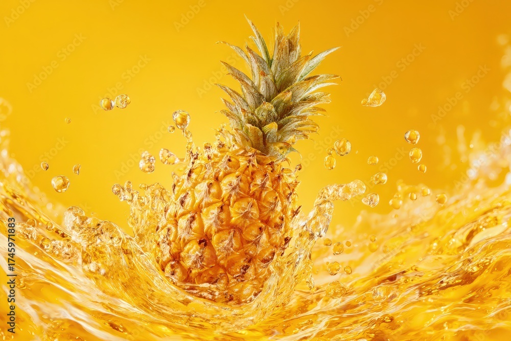 A pineapple emerges from yellow juice, creating a lively splash around it. The bright colors and dynamic movement capture the freshness of the fruit and the refreshing juice, evoking a tropical vibe.