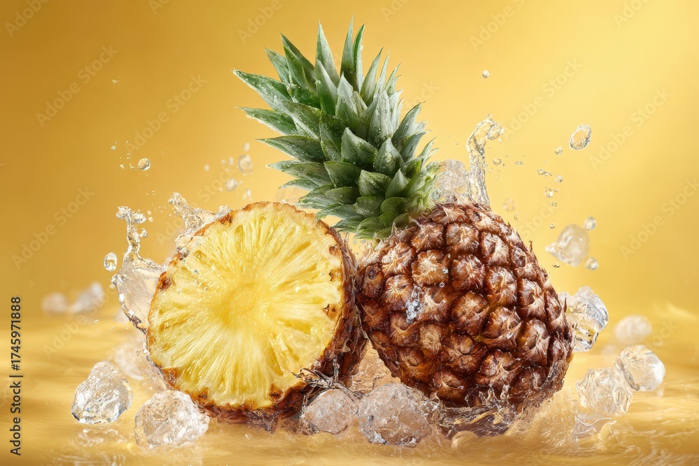 Juicy pineapples, one whole and one sliced, are surrounded by splashing water against a bright yellow background. The scene captures vibrant freshness and tropical delight.