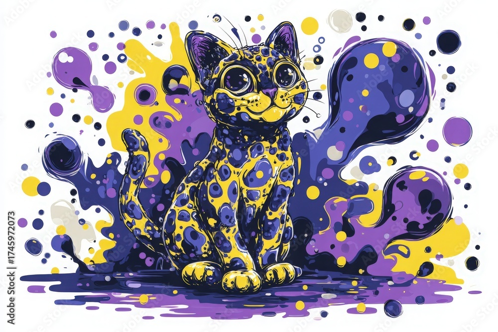 A playful cartoon cat sits against a white backdrop, adorned with purple and yellow spots. Its big eyes and cheerful expression highlight the whimsical nature of this artistic creation.