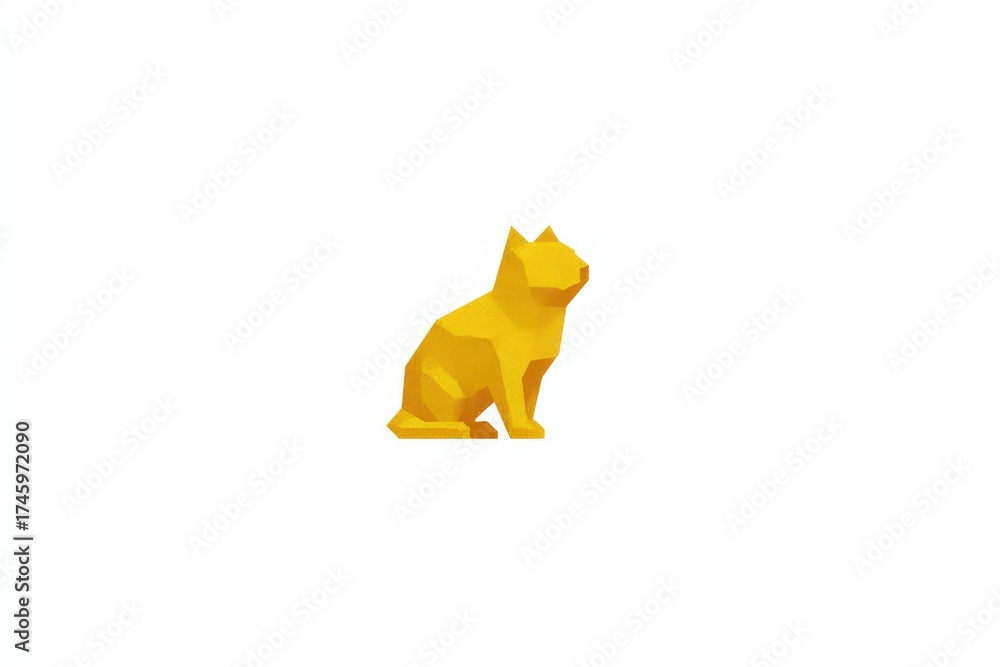 A bright yellow cat sculpture is positioned sitting upright on a plain white background. The cat features a geometric design, emphasizing angular shapes and a minimalist style.