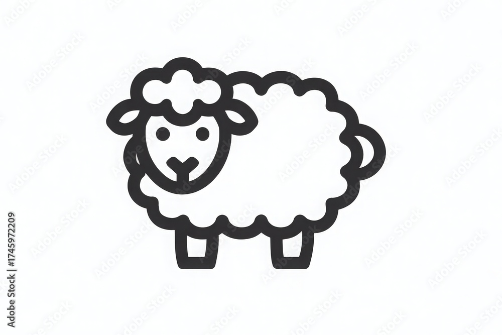 A cartoon sheep stands on four legs with round, fluffy wool and a happy face. Its ears are perked up, and it has a curled tail. The background is simple to highlight the sheep.