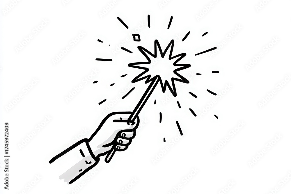 A hand holds a magic wand, producing sparkling effects in the air. The scene captures the essence of enchantment and wonder during a theatrical or festive occasion.