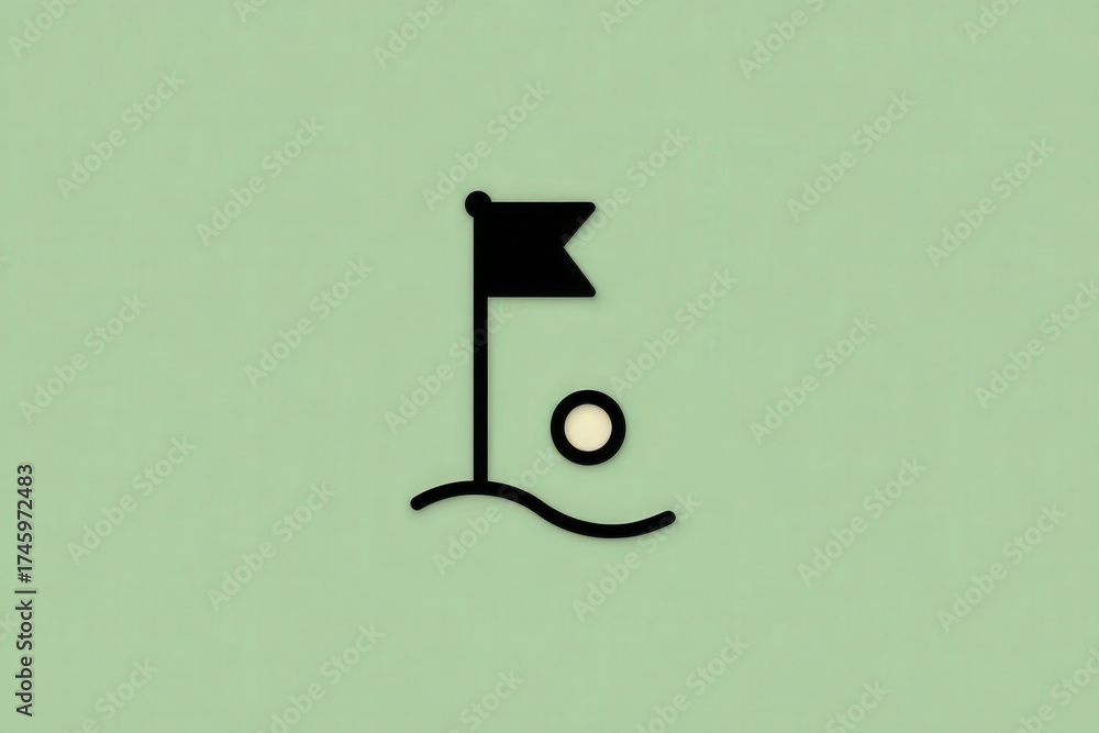 A black flag stands on a green background with a golf ball nearby, capturing the essence of the game of golf. The design is minimalist and focuses on the key elements of the sport.