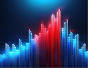Wall Mural - An abstract illustration with rising bars of light. The imagery features a gradient background. The bars radiate in both blue and red hues, adding depth to the digital visual. This is likely a display