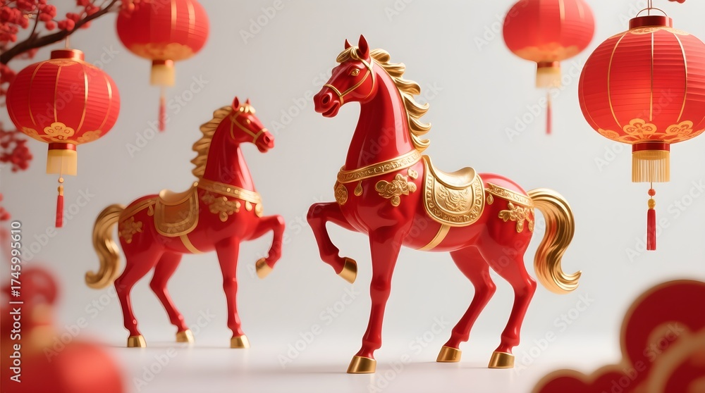 2026 Chinese Year of the Horse Festive Red and Gold Horse Statues w ...