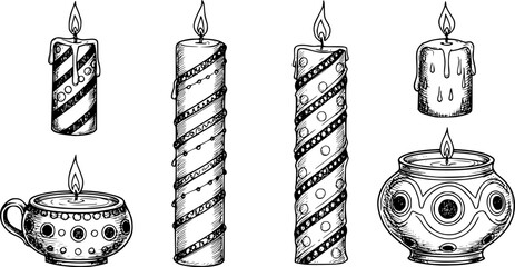 Six decorative hand drawn candles with unique patterns and lit flames in black and white
