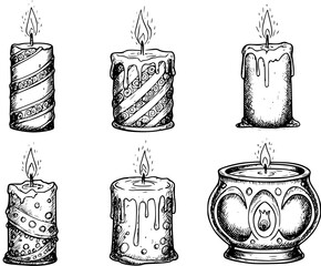 Six decorative hand drawn candles with unique patterns and lit flames in black and white
