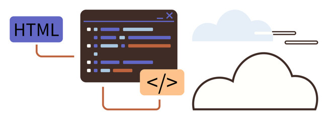 Code editor displaying colorful code lines linked with HTML tag and programming symbols beside a cloud icon. Ideal for web development, programming, coding, cloud technology, learning, IT services