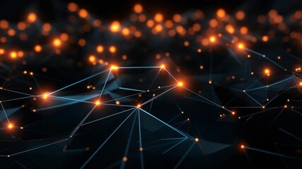 Wall Mural - Futuristic video concept with a low-angle view of glowing orange nodes and blue lines forming a digital network against a dark background. Live desktop wallpaper.