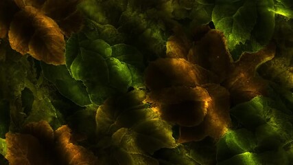 Wall Mural - Deep green and earthy brown abstract foliage patterns with shimmering light, a seamless loop canopy, green, brown
