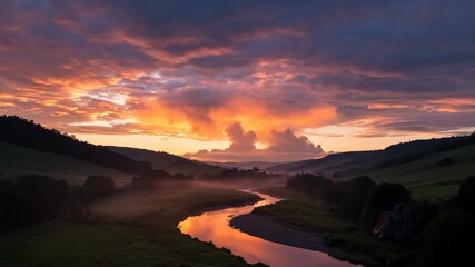 Wall Mural - Dramatic sunrise clouds exploding with vibrant colors over a serene landscape ethereal, exploding, beauty