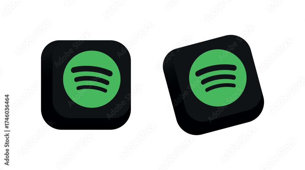 Spotify 3D App Icon, Black Rounded Square with Green Wave Circle Emblem ...