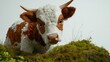 © Agen stock - Calf peeking over moss, studio shot, white background, advertising