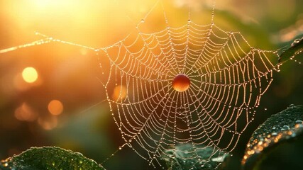 Dew drops on a spider web in the morning sun.