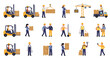 © aan - Diverse construction workers handling cargo, using forklifts, cranes, and other equipment in a busy warehouse setting, illustrating logistics.