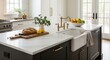 © Dimas - Elegant Modern Farmhouse Kitchen with White Marble Island, Dark Wood Cabinets, Brass Fixtures, and Abundant Natural Light