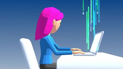 Animated Woman with Pink Hair Working on Laptop with Data Stream.
