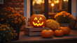 © Pep - Photograph of a cozy outdoor Halloween display at sunset. A carved pumpkin with a glowing, triangular-eyed, and toothy grin sits on a stack of wooden crates in the center. To the right, two smaller