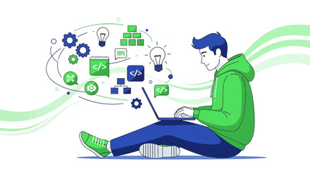 Illustration of a Programmer working on a laptop with various computer elements around