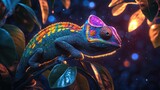 Vibrant chameleon on branch, night foliage, bokeh background, digital art