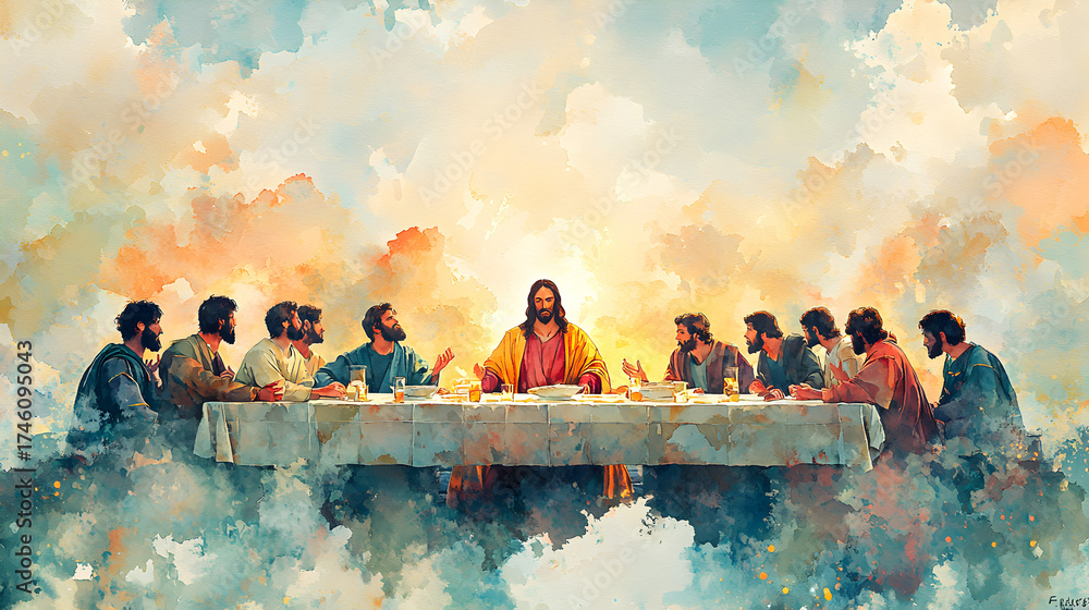 Watercolor painting depicting the sacred Last Supper scene where Jesus ...
