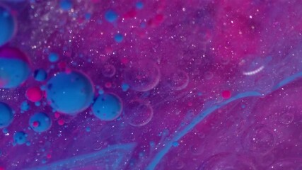 Wall Mural - Gel ink. Acrylic blob. Purple blue mix oil liquid flow. Shimmering colorful art bubble particles emulsion stream blur abstract background.