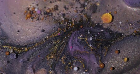 Wall Mural - Oil flow. Bubble mix liquid. Defocused orange purple pink colorful glitter paint water round texture floating on abstract acrylic art background.