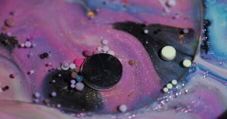 Wall Mural - Paint stream. Oil bubbles. Blur yellow blue purple colorful sparkling round water glitter fluid floating on abstract art background.