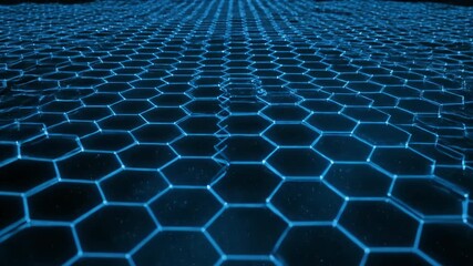 Wall Mural - Seamlessly looping abstract background showcases an intricate hexagonal grid with glowing lines and subtle light transitions flow, complexity, cyberspace