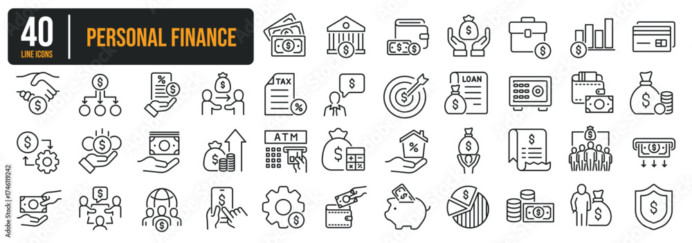 Set of collection thin line icons related Personal Finance, Income ...