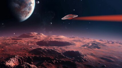 Wall Mural - A cinematic video scene of a UFO hovering over a red alien landscape. The low-angle shot captures the vastness of space and distant planets. Live desktop wallpaper.