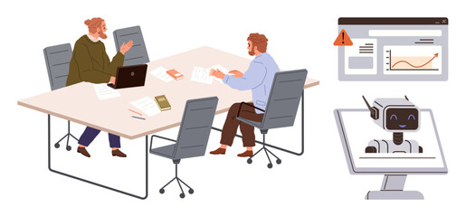Wall Mural - Two colleagues in discussion around a table with papers, laptop, and books nearby a robot display and analytics chart alert. Ideal for teamwork, innovation, tech integration, and problem-solving