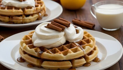 Wall Mural - cinnamon roll waffles with cream cheese glaze on a plate
