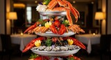 Luxurious seafood tower overflowing with fresh crustaceans and shellfish in elegant restaurant