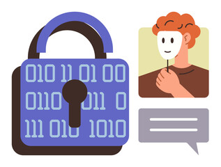 Wall Mural - Lock with binary code emphasizes data encryption. Person with mask highlights anonymity, privacy, and cyber identity. Ideal for digital security, fraud prevention, online trust, virtual privacy