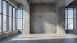 © Hafiz - Modern loft apartment with concrete walls and expansive windows offering urban cityscape views.