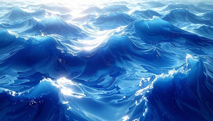 Wall Mural - Vibrant blue ocean waves create an abstract background of shimmering surface textures and deep underwater reflections